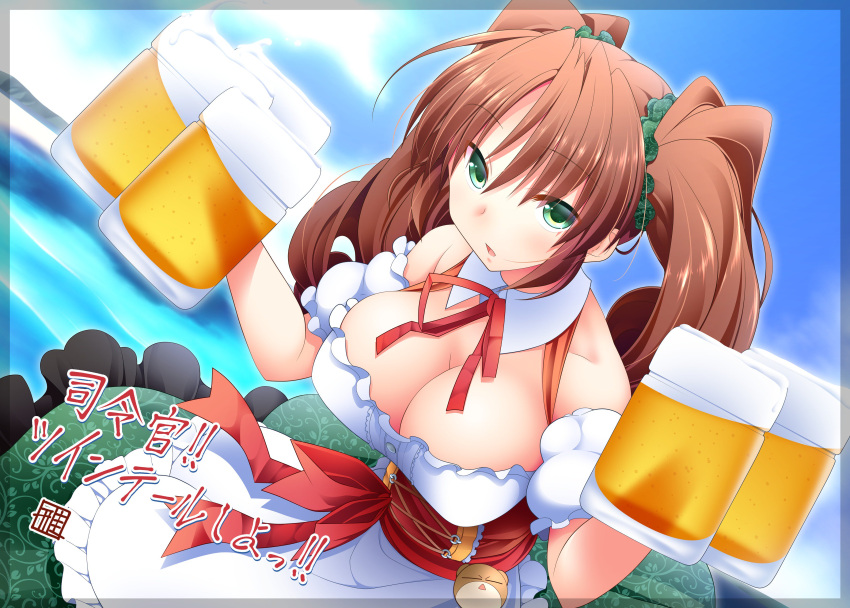 absurdres alcohol alternate_costume beer beer_mug breasts brown_hair check_commentary cleavage commentary_request dress formation_girls german_clothes green_eyes highres josephine_priller kaneda_mitsuko large_breasts maid sleeveless sleeveless_dress twintails