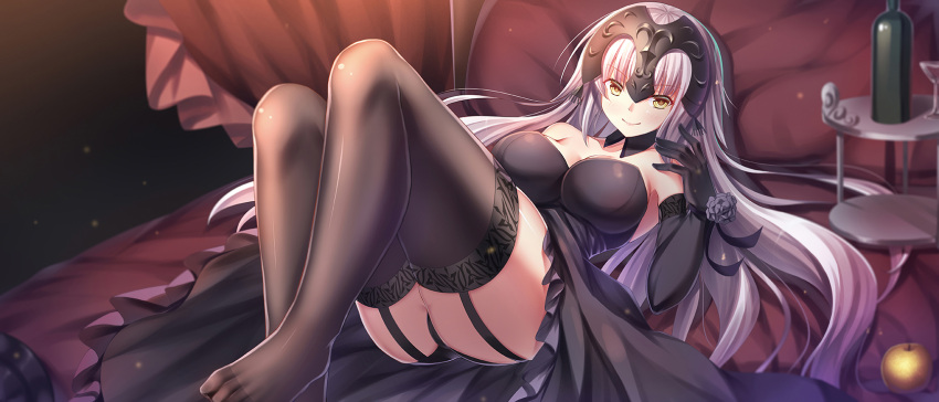 1girl ame_wa_a_ga_tsutano? apple ass black_legwear blonde_hair bottle breasts elbow_gloves fate/grand_order fate_(series) food fruit garter_straps gloves headpiece highres jeanne_alter large_breasts long_hair looking_at_viewer lying on_back on_bed panties pillow ruler_(fate/apocrypha) smile solo thigh-highs traditional_media underwear watercolor_pencil_(medium) wine_bottle yellow_eyes