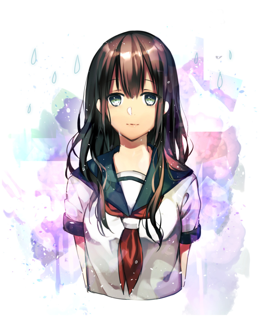 1girl arms_behind_back black_hair cropped_torso green_eyes highres long_hair looking_at_viewer neckerchief original rakugakiii red_neckerchief school_uniform serafuku shirt simple_background smile solo upper_body white_background white_shirt