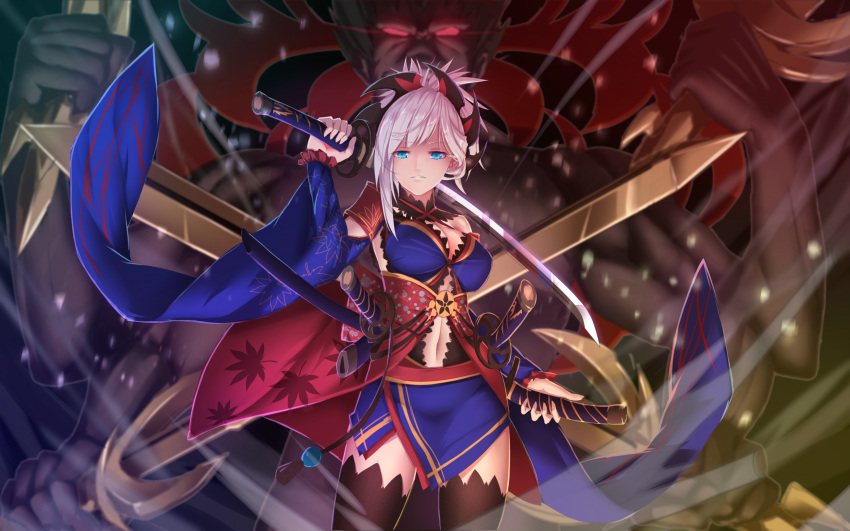 1boy 1girl absurdres bakanoe black_hair black_legwear blue_dress blue_eyes breasts cleavage cowboy_shot dark_skin detached_sleeves dress dual_wielding fate/grand_order fate_(series) high_ponytail highres holding holding_sword holding_weapon katana long_hair looking_at_viewer medium_breasts midriff miyamoto_musashi_(fate/grand_order) multiple_arms navel parted_lips sidelocks silver_hair standing stomach sword thigh-highs weapon
