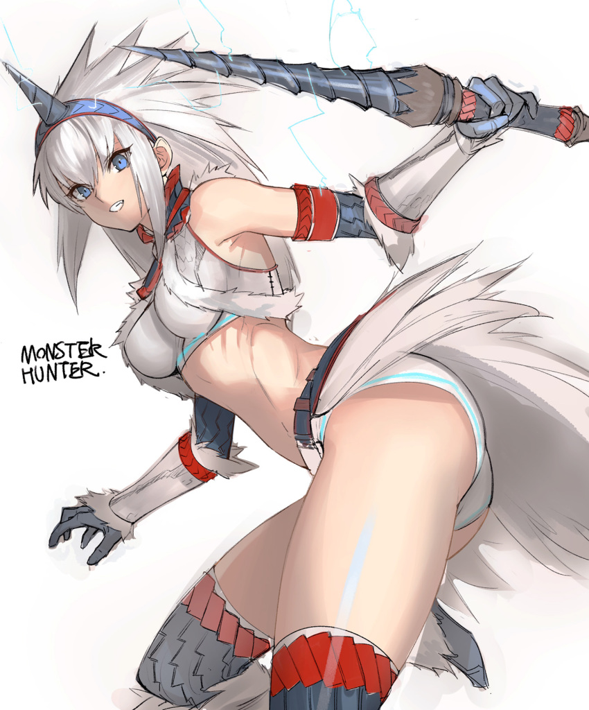 1girl ass blue_eyes breasts copyright_name electricity eyeliner fur_trim gloves hairband highres holding holding_weapon horn kirin_(armor) long_hair makeup medium_breasts midriff monster_hunter short_shorts shorts silver_hair solo tetsu_(kimuchi) thigh-highs thighs vambraces weapon