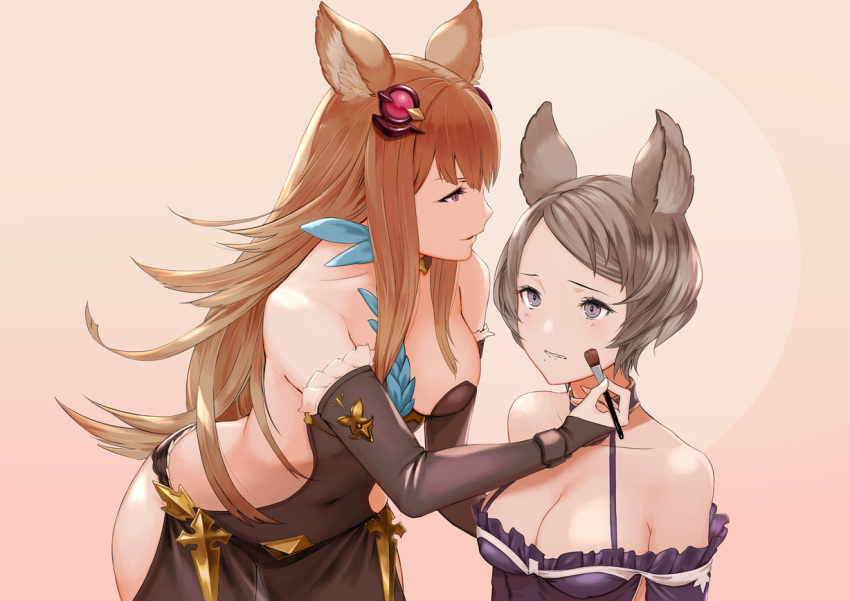 2girls animal_ears applying_makeup bangs bare_back bare_shoulders bent_over breasts bridal_gauntlets brown_hair cleavage erun_(granblue_fantasy) frills granblue_fantasy green_eyes grey_hair hair_ornament halterneck hip_vent it_apollo long_hair looking_at_another makeup_brush medium_breasts metella_(granblue_fantasy) mole mole_under_mouth multiple_girls short_hair sutera_(granblue_fantasy) thigh-highs very_long_hair violet_eyes worried