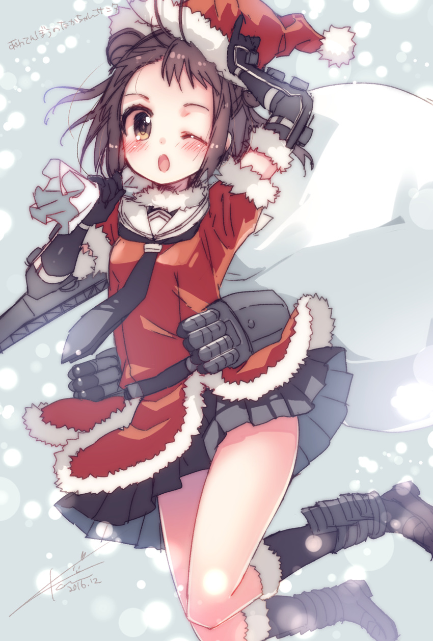 1girl 2016 ;o adapted_costume arm_up belt black_boots black_gloves black_necktie black_skirt blush bobblehat boots brown_eyes brown_hair carrying dated elbow_gloves fur-trimmed_boots fur-trimmed_sleeves fur_trim gloves hair_bun hat highres jumping kantai_collection knee_boots ko_ru_ri looking_at_viewer machinery miniskirt motion_blur naka_(kantai_collection) necktie one_eye_closed open_mouth over_shoulder pleated_skirt red_hat red_shirt sack santa_costume santa_hat shirt short_sleeves signature skirt snowing solo tareme translation_request