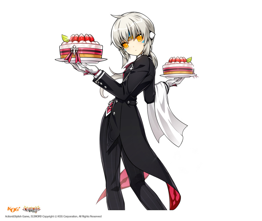 1girl black_pants cake copyright_name elsword eve_(elsword) food formal gloves hair_ornament highres holding holding_food hwansang long_hair looking_at_viewer looking_back pants ponytail silver_hair simple_background solo standing striped vertical-striped_pants vertical_stripes white_background white_gloves yellow_eyes