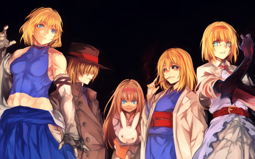 5girls abs alice_margatroid alternate_costume belt black_background black_sclera blonde_hair blue_eyes coat commentary cookie_(touhou) dress elbow_gloves fedora fingerless_gloves frilled_dress frills gloves hairband hat highres japanese_clothes kimono long_hair looking_at_viewer multiple_girls necktie nuppebbou_(cookie) pipe rabbit short_hair simple_background sleeveless sleeveless_turtleneck smile smoking stuffed_animal stuffed_bunny stuffed_toy toned touhou trench_coat turtleneck