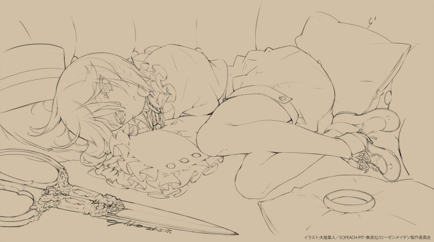 1girl hat highres jewelry lineart lying on_side ooyari_ashito pillow ring rozen_maiden scissors short_hair souseiseki