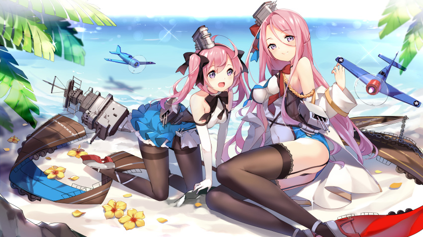 2girls aircraft airplane all_fours ass bangs bare_shoulders beach bilan_hangxian black_legwear breasts commentary_request detached_sleeves dress elbow_gloves full_body garter_straps gloves halterneck highres large_breasts multiple_girls open_mouth outdoors palm_leaf pantyhose parted_bangs pink_eyes pink_hair sand sheska_xue short_dress small_breasts smile thigh-highs twintails violet_eyes water white_gloves