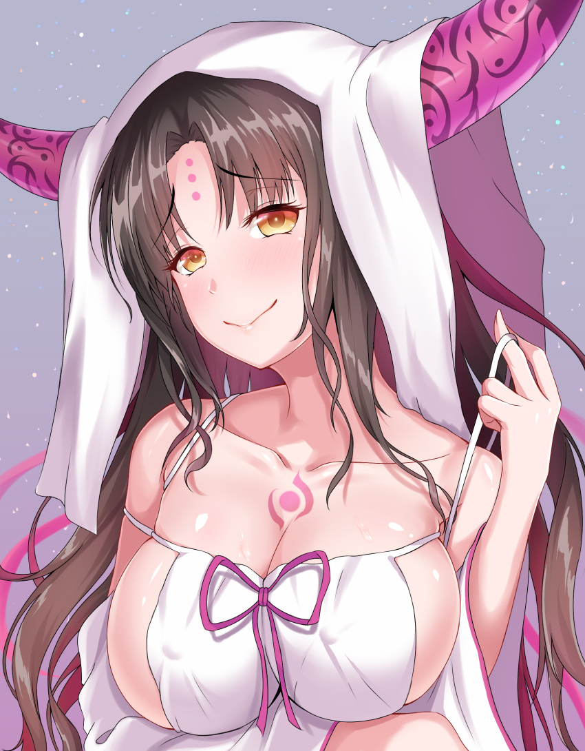 1girl bare_shoulders black_hair blush breast_hold breasts cleavage closed_mouth detached_sleeves erect_nipples facial_mark fate/extra fate/extra_ccc fate_(series) forehead_mark highres horns large_breasts long_hair long_sleeves looking_at_viewer pink_ribbon ribbon sesshouin_kiara sideboob smile solo strap_pull tattoo upper_body veil very_long_hair yellow_eyes zuizhong