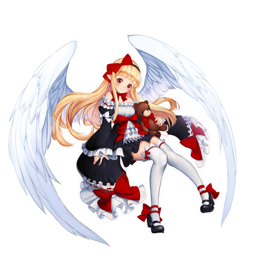 1girl bangs black_shoes blunt_bangs blush bow dermiss detached_sleeves dress highres long_hair looking_at_viewer mary_janes red_eyes shoes sidelocks simple_background smile solo stuffed_animal stuffed_toy teddy_bear very_long_hair white_background white_legwear