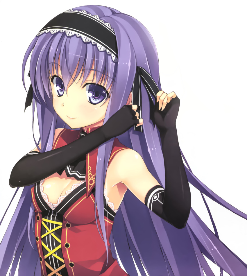 1girl absurdres ascot black_gloves breasts cleavage cross-laced_clothes elbow_gloves eyebrows_visible_through_hair fingerless_gloves fujimori_yuu gloves hair_between_eyes hair_over_breasts hair_ribbon hairband highres huge_filesize koikishi_purely_kiss lace_trim lolita_hairband long_hair looking_at_viewer purple_hair ribbon scan sidelocks simple_background small_breasts smile solo tying upper_body violet_eyes white_background yuuki_hagure