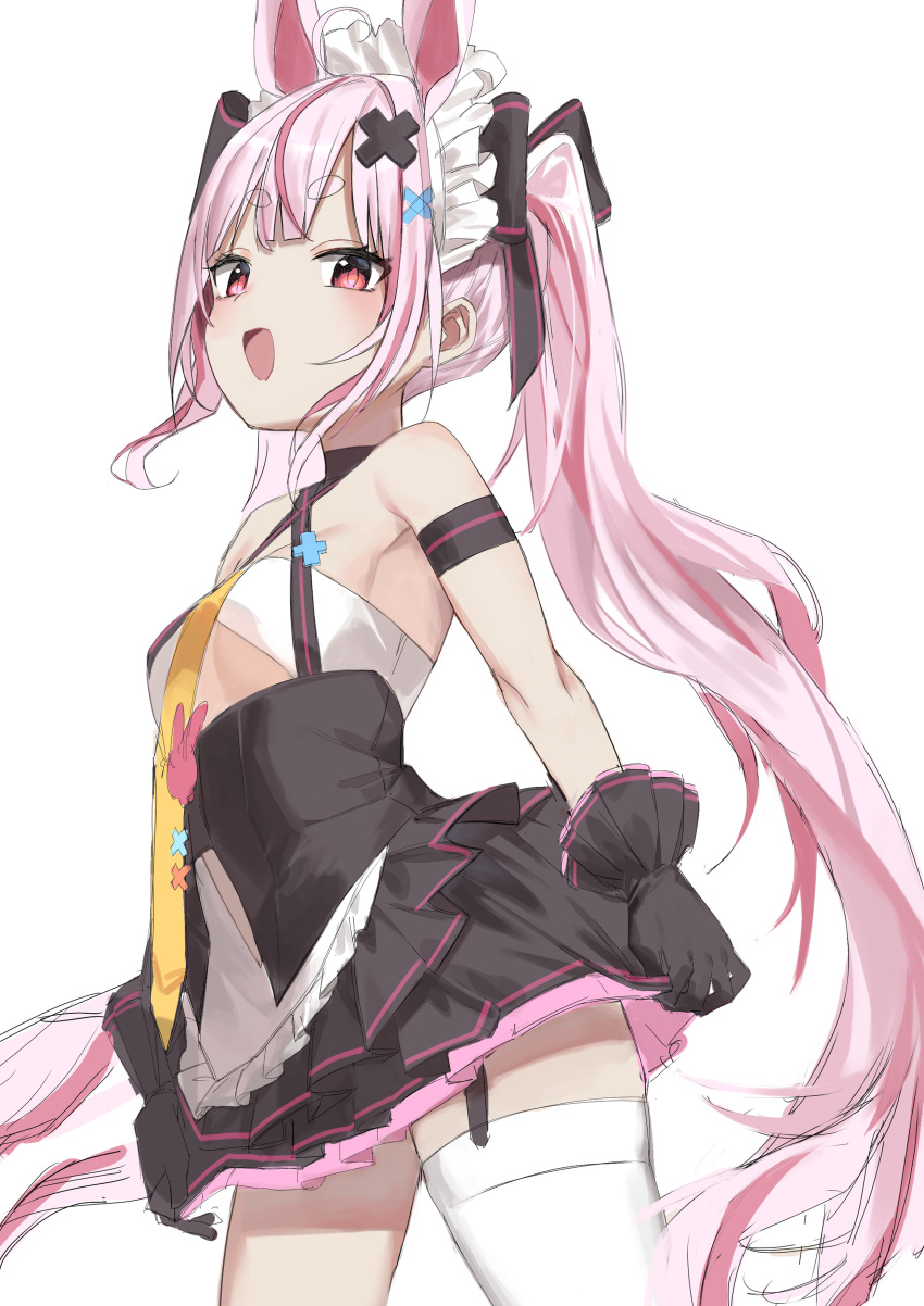 1girl :d absurdres ahoge animal_ears bangs bare_shoulders black_bow black_gloves black_skirt blush bow breasts eyebrows_visible_through_hair garter_straps gloves hair_bow hair_ornament haruyuki_(gffewuoutgblubh) highres long_hair multicolored_hair necktie pink_hair rabbit_ears red_eyes redhead short_eyebrows simple_background single_thighhigh skirt small_breasts smile solo streaked_hair thick_eyebrows thigh-highs tomari_mari tomari_mari_channel twintails very_long_hair virtual_youtuber white_background white_legwear x_hair_ornament yellow_necktie