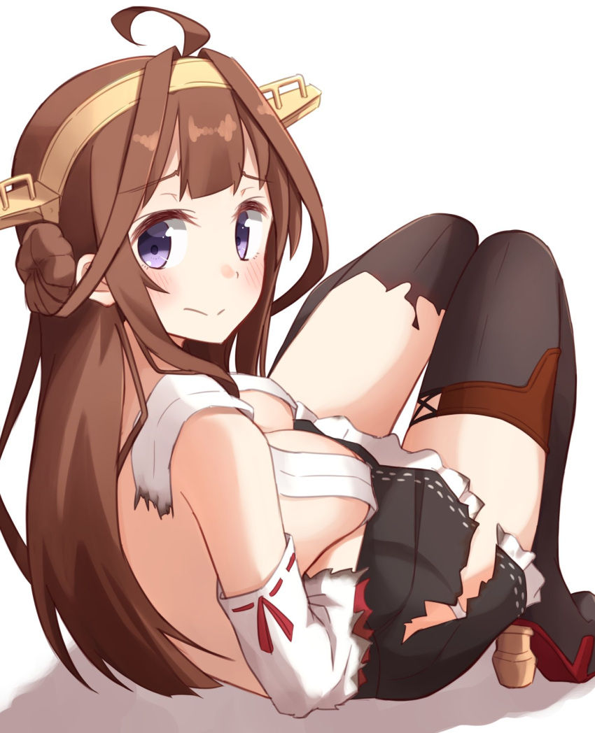 1girl ahoge black_legwear black_skirt boots breasts brown_hair commentary_request detached_sleeves double_bun hairband headgear highres japanese_clothes kantai_collection kapatarou kongou_(kantai_collection) large_breasts long_hair nontraditional_miko pleated_skirt ribbon-trimmed_sleeves ribbon_trim simple_background skirt solo thigh-highs thigh_boots torn_clothes torn_thighhighs violet_eyes white_background