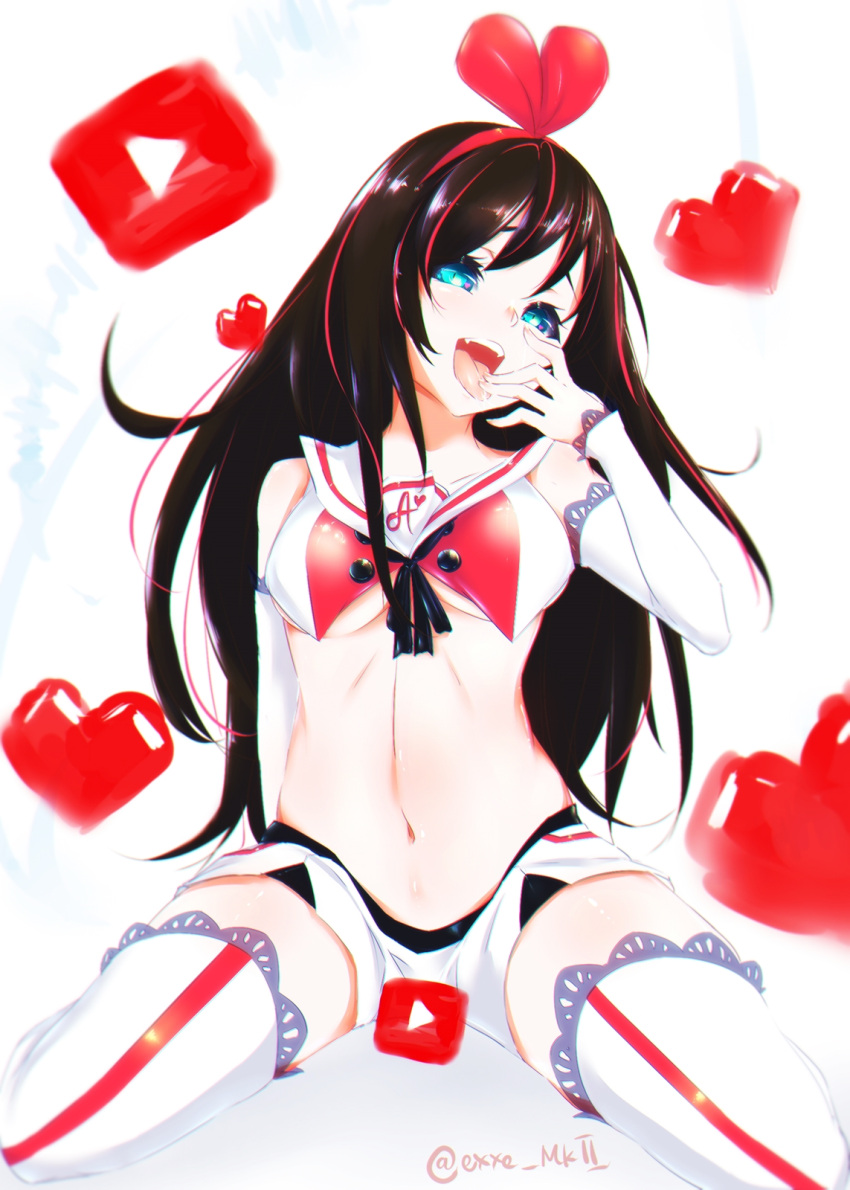 1girl a.i._channel arm_behind_back bare_shoulders blue_eyes bow breasts brown_hair clothes_writing commentary detached_sleeves exxe_mkii fangs finger_licking hair_bow hairband head_tilt heart highres kizuna_ai licking long_hair looking_at_viewer medium_breasts multicolored_hair navel open_mouth pink_bow pink_hair sailor_collar sitting skirt solo spread_legs thigh-highs tongue tongue_out twitter_username two-tone_hair under_boob youtube