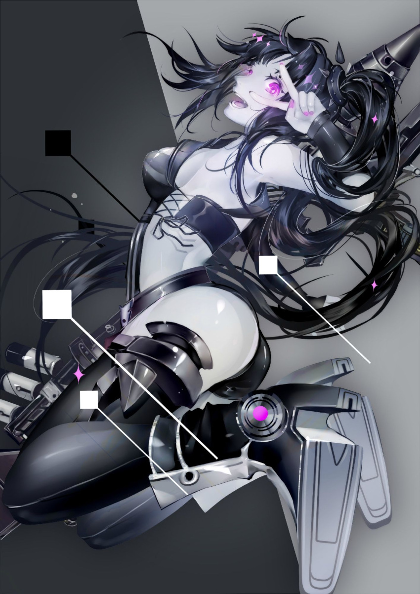 1girl architect_(girls_frontline) artist_request ass black_hair full_body girls_frontline gun high_heels highres long_hair looking_at_viewer pale_skin side_ponytail smile solo thigh-highs v violet_eyes weapon