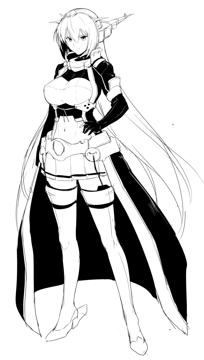 1girl absurdres alternate_hair_length alternate_hairstyle black_gloves black_jacket breasts collar elbow_gloves full_body garter_straps gloves hair_between_eyes hand_on_hip hand_on_thigh harukon_(halcon) headgear highres jacket kantai_collection large_breasts long_hair midriff monochrome nagato_(kantai_collection) navel remodel_(kantai_collection) simple_background solo thigh-highs very_long_hair