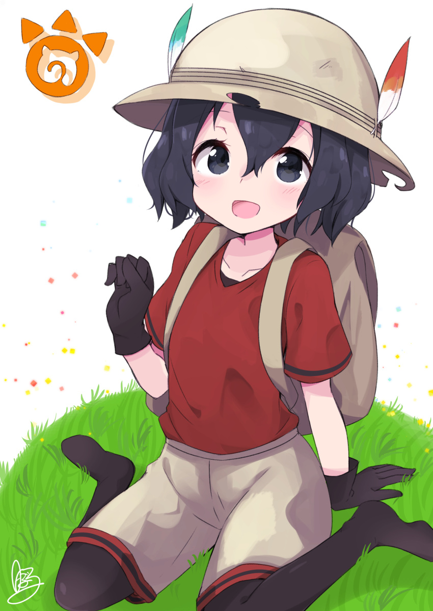 1girl arm_support backpack bag black_eyes black_gloves black_hair black_legwear blush bucket_hat clenched_hand collarbone doorknoble eyebrows_visible_through_hair eyelashes gloves grass hair_between_eyes hand_up hat hat_feather highres japari_symbol kaban_(kemono_friends) kemono_friends looking_at_viewer no_shoes open_mouth outdoors pantyhose paw_pose red_shirt sandstar shirt short_hair short_sleeves shorts signature sitting smile solo tareme wariza wavy_hair white_background