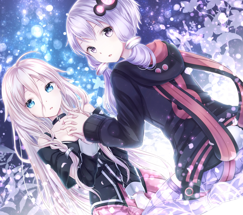 2girls black_sweater blonde_hair blue_eyes bow collarbone dutch_angle hair_bow hair_ornament highres hood hooded_sweater ia_(vocaloid) kneeling long_hair looking_at_viewer looking_back multiple_girls parted_lips pink_skirt pleated_skirt purple_hair skirt striped striped_legwear sweater thigh-highs twintails vertical-striped_legwear vertical_stripes violet_eyes vocaloid white_legwear yamagara yuzuki_yukari