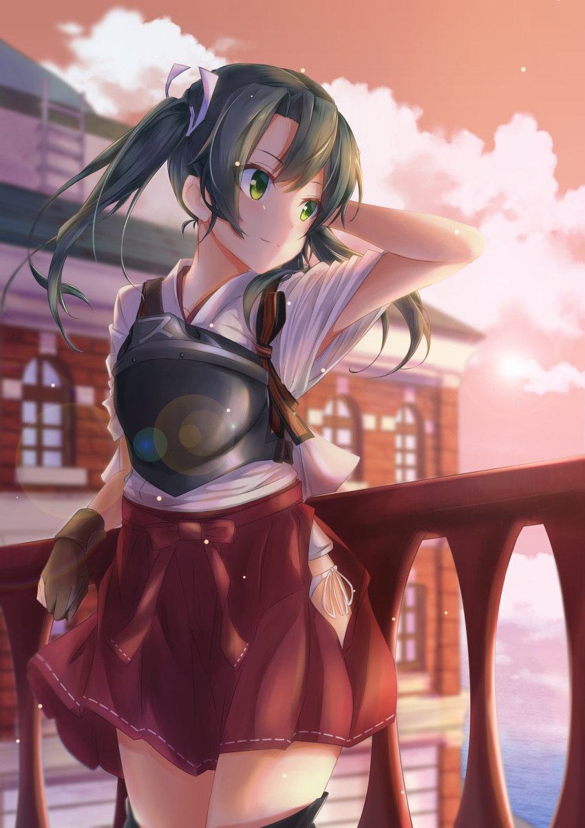 1girl absurdres arm_at_side arm_up armpit_peek bangs bikini black_legwear blurry blush brown_gloves building closed_mouth clouds commentary_request cowboy_shot depth_of_field evening gloves green_eyes green_hair hair_ribbon highres hip_vent horizon japanese_clothes kantai_collection kimono legs_together lens_flare light_particles long_hair looking_afar looking_away looking_to_the_side muneate ocean orange_sky outdoors panties panty_peek partly_fingerless_gloves railing red_skirt ribbon short_sleeves side-tie_bikini skirt sky smile standing sunlight swimsuit thigh-highs thighs two_side_up underwear white_kimono white_panties white_ribbon yugake zettai_ryouiki zuikaku_(kantai_collection)