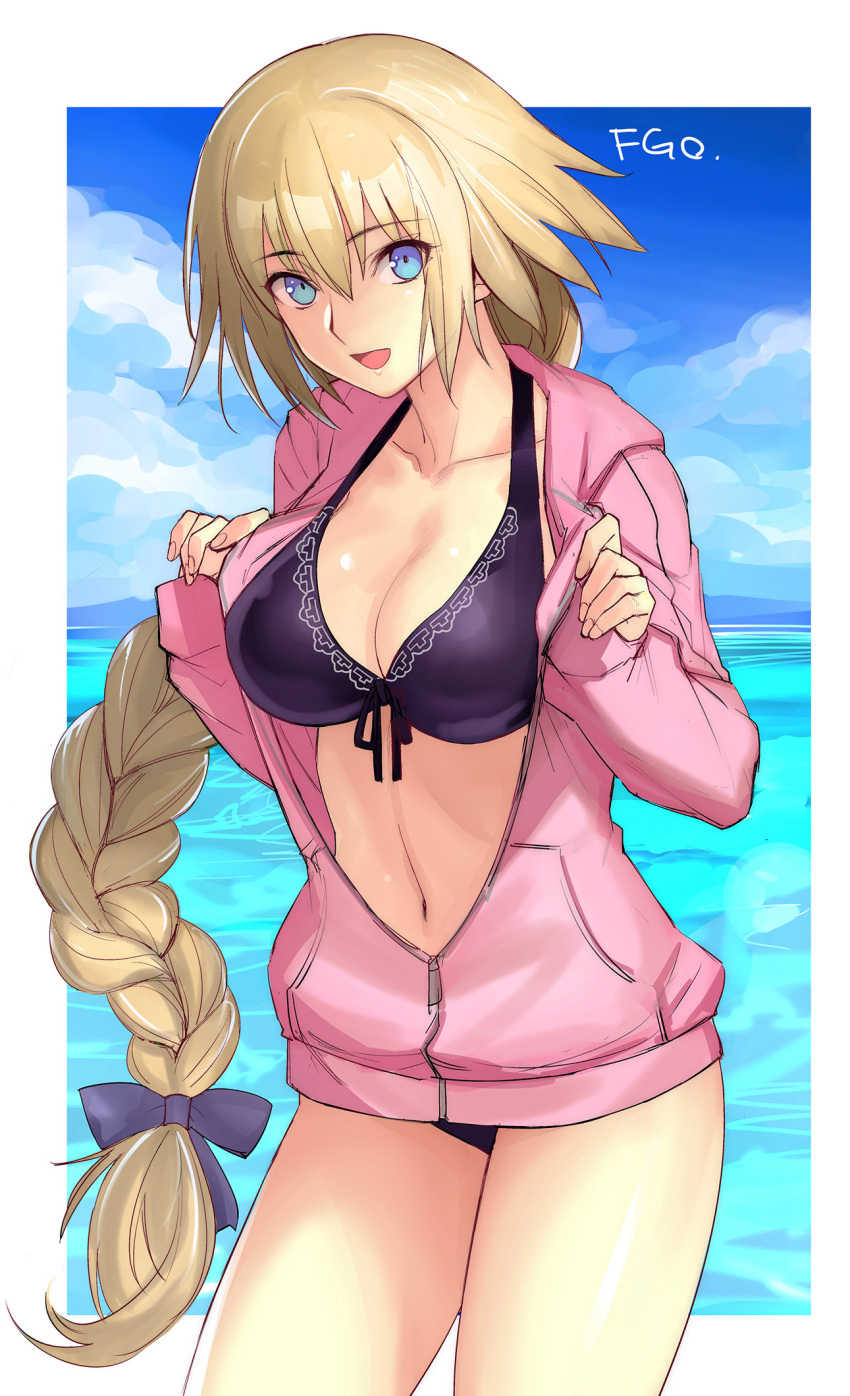 1girl :d bangs bikini bikini_under_clothes black_bikini black_bow black_ribbon blonde_hair blue_eyes blue_sky blush bow braid breasts cleavage clouds collarbone copyright_name cowboy_shot day eyebrows_visible_through_hair fate/apocrypha fate/grand_order fate_(series) front-tie_bikini front-tie_top hair_bow hair_ribbon highres jacket long_hair long_sleeves looking_at_viewer low-tied_long_hair medium_breasts navel ocean open_clothes open_jacket open_mouth outdoors partially_unzipped pink_jacket ribbon ruler_(fate/apocrypha) ruler_(fate/grand_order) shiny shiny_skin single_braid sky sleeves_past_wrists smile solo standing stomach swimsuit tetsu_(kimuchi) thighs tsurime very_long_hair water zipper