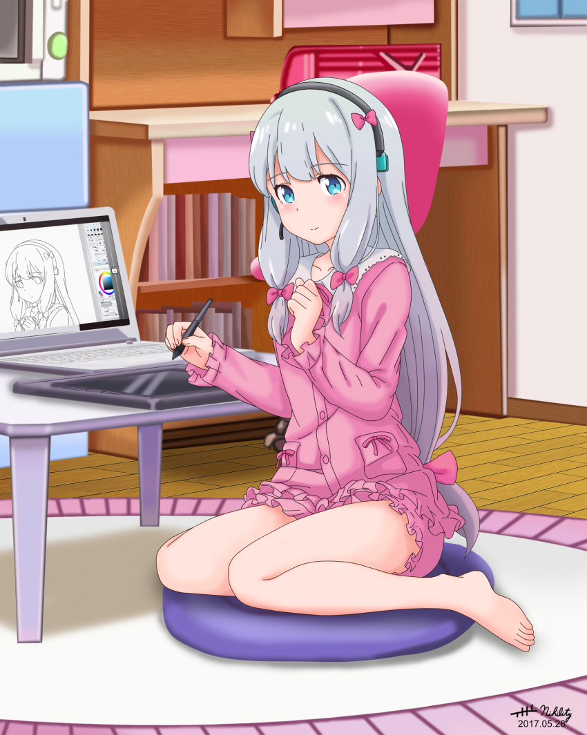 1girl artist_name barefoot bedroom blush bow closed_mouth collarbone computer dated desk drawing eromanga_sensei frills grey_hair hair_bow headset highres holding indoors izumi_sagiri laptop long_hair long_sleeves low-tied_long_hair nihility pajamas pink_bow signature sitting smile solo stylus thighs wariza