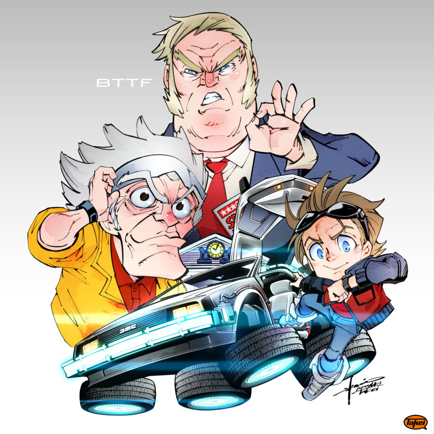 3boys back_to_the_future biff_tannen blonde_hair brown_hair car caricature clock commentary delorean denim donald_trump dress_shirt emmett_brown formal glasses_on_head gradient gradient_background ground_vehicle gullwing_doors highres jeans marty_mcfly motor_vehicle multiple_boys necktie pants parody red_necktie shirt short_hair signature suit sunglasses takei_hiroyuki time_machine vest white_hair