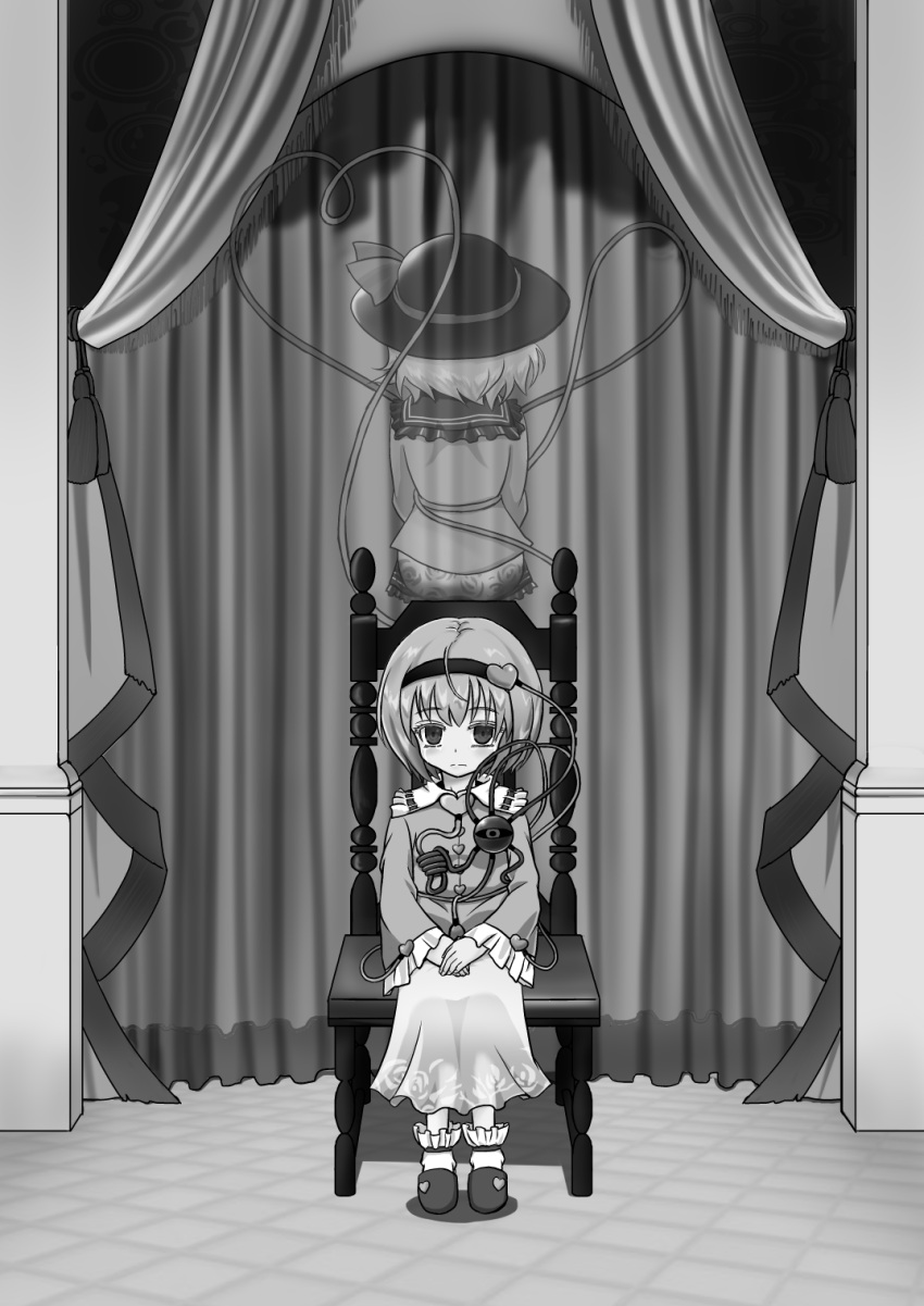 2girls bow chair crying crying_with_eyes_open curtains empty_eyes eyeball frills greyscale hairband hat hat_bow hat_ribbon heart highres komeiji_koishi komeiji_satori long_sleeves monochrome multiple_girls niiko_(gonnzou) ribbon shirt short_hair siblings sisters sitting skirt slippers streaming_tears tears third_eye touhou wide_sleeves