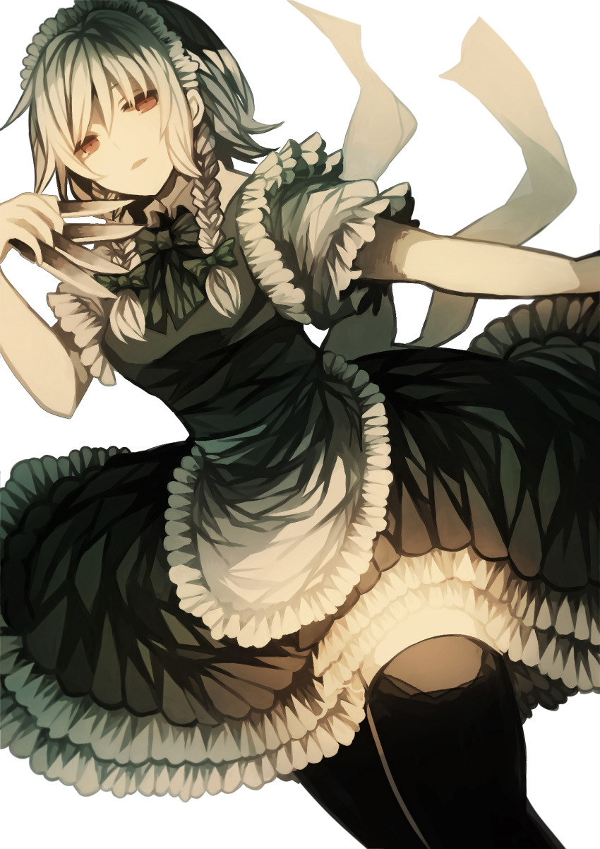 1girl apron black_dress black_legwear bow bowtie braid dress dutch_angle frilled_dress frills green_bow green_bowtie grey_ribbon hair_bow highres holding holding_knife izayoi_sakuya knife looking_at_viewer parted_lips red_eyes short_hair_with_long_locks short_sleeves silver_hair simple_background solo thigh-highs touhou twin_braids white_apron white_background wiriam07