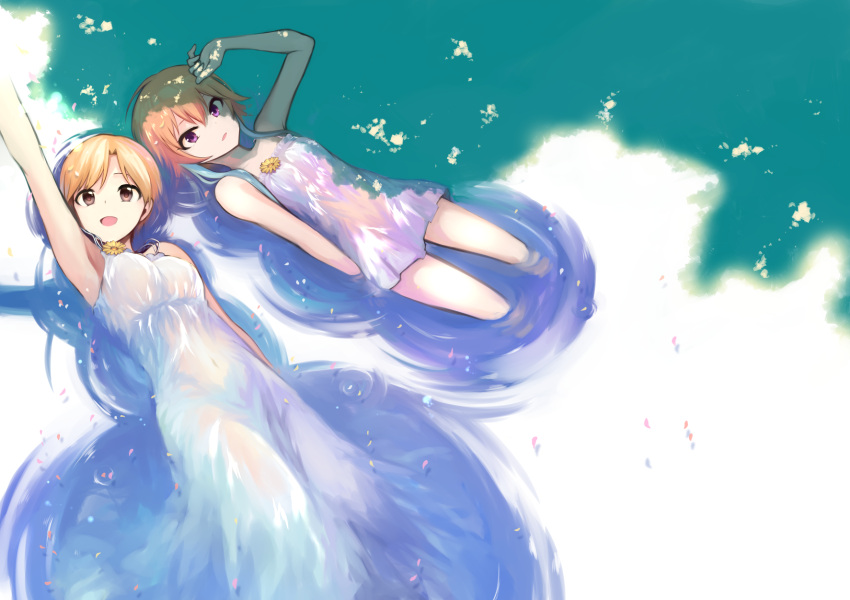 2girls aiba_yumi dress flower hair_extensions highres idolmaster idolmaster_cinderella_girls looking_at_viewer lying_on_water multiple_girls ninomiya_asuka partially_submerged reflection short_hair smile water wet wet_clothes wet_dress white_dress