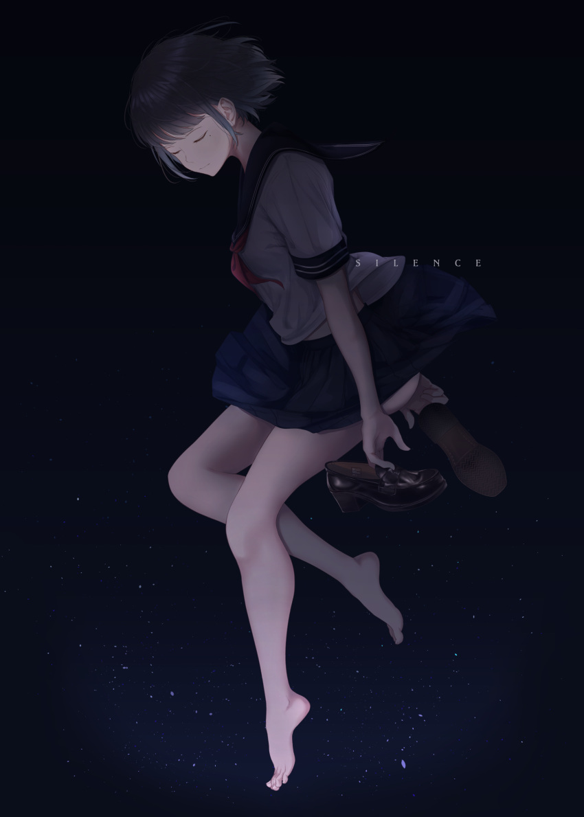 1girl absurdres barefoot black_hair blue_skirt closed_eyes from_side full_body graphite_(medium) highres holding holding_shoes mole mole_under_eye neckerchief original pleated_skirt red_neckerchief saitou_(lynx-shrike) school_uniform serafuku shirt shoes short_hair skirt sky solo star_(sky) starry_sky title traditional_media watercolor_(medium) white_shirt