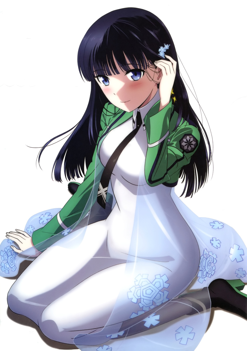 1girl absurdres black_hair black_legwear black_necktie blue_eyes blue_flower blush breasts dress eyebrows_visible_through_hair flower green_jacket hair_flower hair_ornament hand_in_hair high_heels highres jacket long_dress long_hair looking_at_viewer mahouka_koukou_no_rettousei medium_breasts necktie open_clothes open_jacket see-through shiba_miyuki simple_background sitting smile solo white_background white_dress