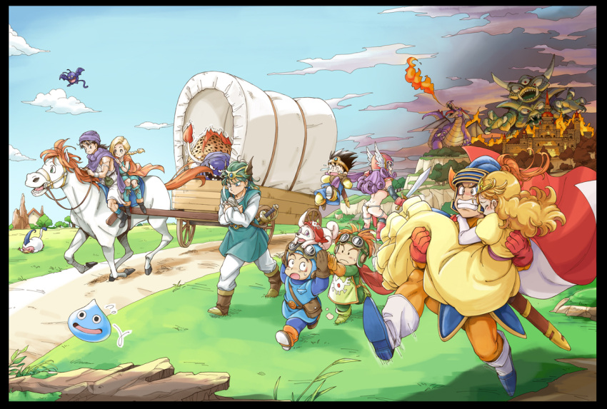 3girls 5boys 83pikoru ass bag belt bianca black_hair blonde_hair blue_hat blue_sky boots borongo braid breathing_fire brown_boots brown_gloves cape carrying castle character_request closed_eyes clouds covered_wagon crossed_arms curly_hair day dog dragon dragon_quest dragon_quest_ii dragon_quest_iii dragon_quest_iv dragon_quest_v drakee dress fire fleeing gloves goggles goggles_on_head grass green_hair green_shoes hair_pull handbag hat headband helmet hero_(dq4) hero_(dq5) horse house monster multiple_boys multiple_girls orange_hair orange_pants orange_shoes outdoors path prince_of_lorasia prince_of_samantoria princess_carry princess_laura purple_cape purple_hair red_boots red_cape red_gloves red_helmet reins road roto sheath shoes sky slime_(dragon_quest) soldier_(dq3) spiky_hair sword tunic turban weapon winged_helmet yellow_dress