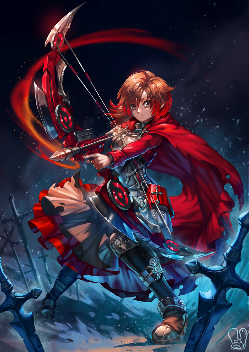 1girl absurdres archer arrow artist_name bow_(weapon) brown_hair cape fate/stay_night fate_(series) highres ruby_rose rwby sa-dui solo sword watermark weapon web_address