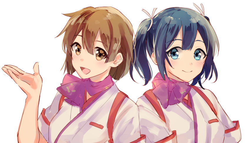 2girls :d blue_eyes blue_hair blush brown_eyes brown_hair commentary_request highres hiryuu_(kantai_collection) kantai_collection komachi_narota looking_at_viewer multiple_girls open_mouth short_hair short_twintails simple_background smile souryuu_(kantai_collection) twintails upper_body white_background