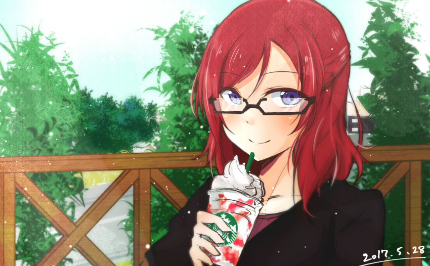 1girl bespectacled black-framed_eyewear cup dated drinking_straw fence glasses half_updo highres holding holding_cup looking_at_viewer love_live! love_live!_school_idol_project nishikino_maki portrait redhead rurika_seijin semi-rimless_glasses smile solo starbucks tree under-rim_glasses violet_eyes whipped_cream