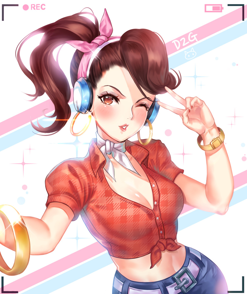 1girl ;o absurdres bangle belt belt_buckle blush bracelet breasts brown_eyes brown_hair buckle buttons checkered_shirt cleavage d.va_(overwatch) denim earrings foreshortening front-tie_top glint hair_ribbon headphones highres hoop_earrings jeans jewelry long_hair medium_breasts midriff nail_polish navel one_eye_closed open_mouth outstretched_arm overwatch pants pink_ribbon ponytail red_nails red_shirt ribbon self_shot shirt short_sleeves solo sparkle stomach ttaji_(pass35) unbuttoned upper_body viewfinder white_ribbon