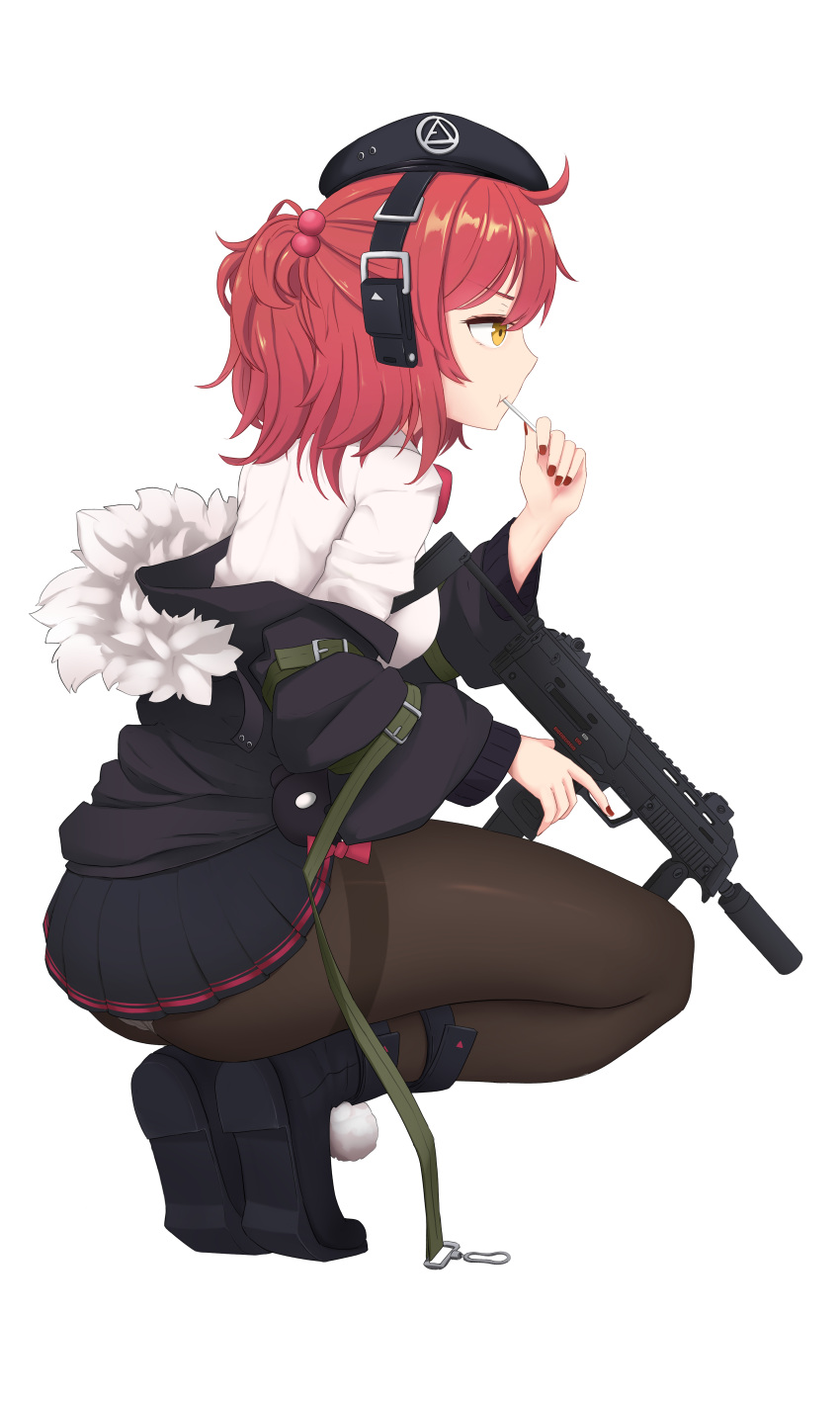 1girl absurdres ahoge beret breasts candy food girls_frontline gun h&amp;k_mp7 hat headset highres lollipop medium_breasts medium_hair mp7_(girls'_frontline) nonoan_jp off_shoulder panties pantyhose pantyshot pom_pom_(clothes) ponytail red_nails redhead short_ponytail solo submachine_gun thighband_pantyhose tiptoes trigger_discipline underwear weapon yellow_eyes