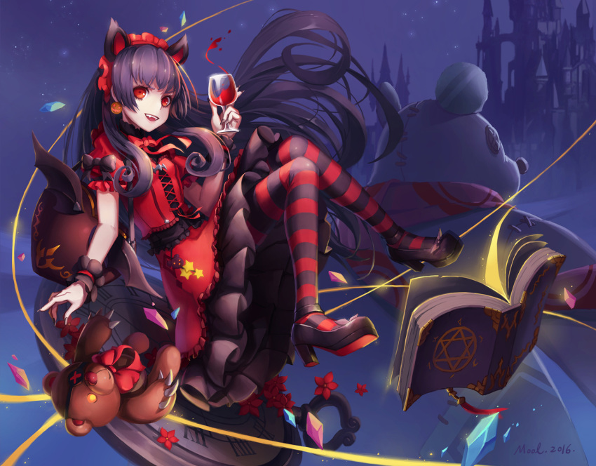 1girl :d alcohol animal_ears black_hair book castle cup dress drinking_glass full_body gothic_lolita hairband high_heels highres lolita_fashion lolita_hairband long_hair looking_at_viewer magical_girl mool_yuegang open_book open_mouth original pantyhose red_eyes smile solo striped striped_legwear stuffed_animal stuffed_toy teddy_bear teeth wine wine_glass