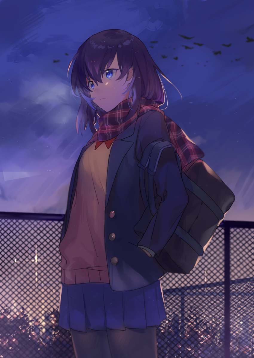 1girl bag bangs black_hair black_legwear blazer blue_eyes blue_skirt brown_scarf chain-link_fence checkered_scarf closed_mouth commentary_request cowboy_shot enpera fence frown hair_between_eyes hands_in_pockets heiwa_(murasiho) highres jacket looking_to_the_side night night_sky original outdoors pantyhose pleated_skirt revision scarf school_bag school_uniform shoulder_bag skirt sky solo sweater