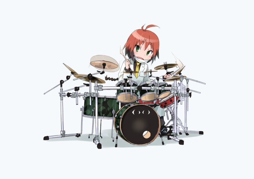 1girl ahoge blush brown_hair commentary_request drum drum_set drumming drumsticks eyebrows_visible_through_hair green_eyes instrument kill_me_baby labcoat long_hair looking_at_viewer multicolored_hair necktie okayparium open_mouth redhead solo unused_character yellow_necktie