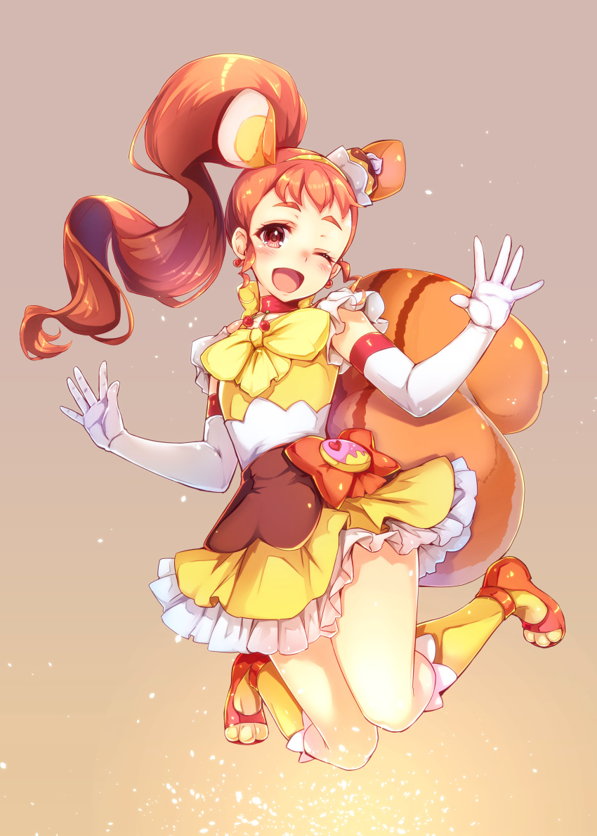 1girl absurdres animal_ears arisugawa_himari boots cake_hair_ornament cure_custard elbow_gloves food_themed_hair_ornament full_body gloves gradient_background hair_ornament highres jumping kirakira_precure_a_la_mode long_hair magical_girl one_eye_closed open_mouth orange_hair petticoat ponytail precure satou_(kuso-neet) simple_background solo squirrel_ears squirrel_tail tail white_gloves yellow_boots