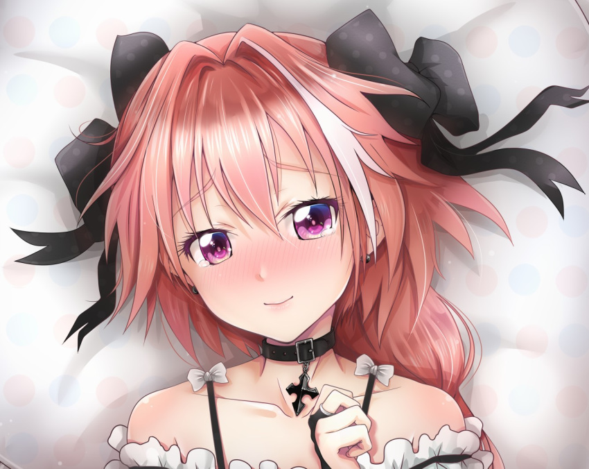 1boy blush braid choker chunyan close-up face fate/apocrypha fate/grand_order fate_(series) hair_ribbon long_hair looking_at_viewer pink_hair ribbon rider_of_black smile solo trap type-moon violet_eyes