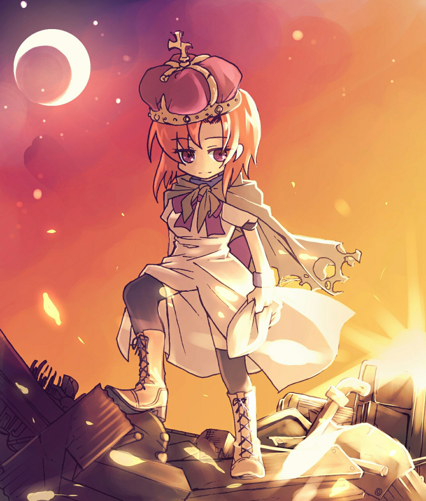 1girl boots bow breasts cape crown evening gradient_background hat highres higurashi_no_naku_koro_ni light moon orange_hair ryuuguu_rena short_hair socks solo torn_clothes wristband yurie_(imasen)