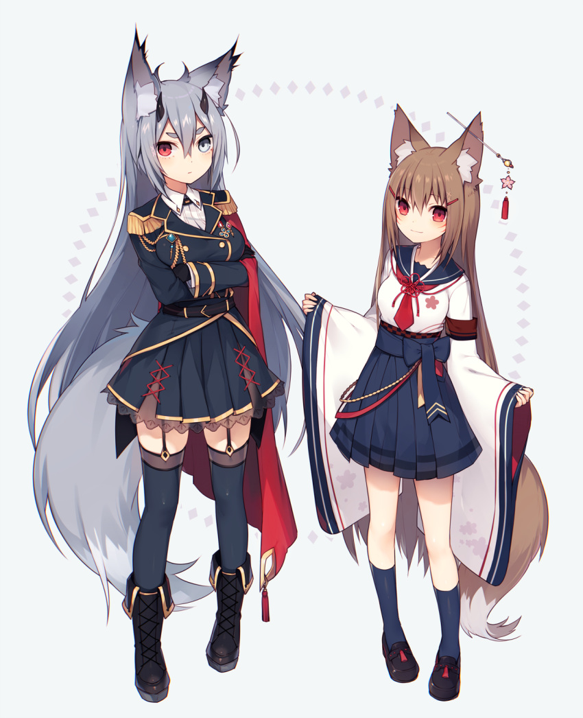 2girls animal_ears belt black_gloves blonde_hair blue_legwear boots bow breasts cape crossed_arms epaulettes expressionless eyebrows facial_mark fox_ears fox_tail full_body garter_straps gem gloves grey_background grey_eyes grey_hair hair_between_eyes hair_ornament hair_stick hairclip hakama_skirt heterochromia highres horns jacket jewelry kneehighs light_smile loafers long_hair long_sleeves medium_breasts multiple_girls muryou neckerchief original outstretched_arms red_eyes revision school_uniform serafuku shoes skirt sleeves_past_wrists small_breasts standing tail thigh-highs very_long_hair wide_sleeves zettai_ryouiki