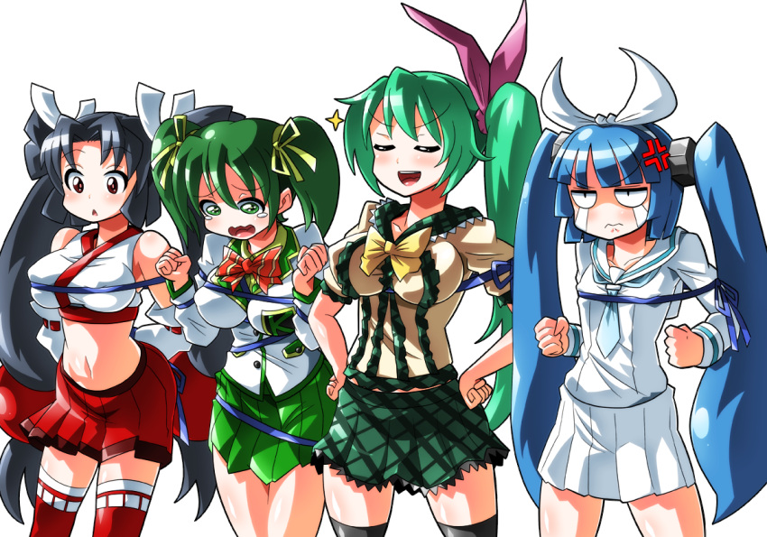 4girls black_hair bound breasts cusco_(company) green_eyes green_hair hair_ribbon kotobuki_bukiko kotobukiya large_breasts lineup long_hair mascot multiple_girls neckerchief nipa-ko nontraditional_miko pleated_skirt rei_no_himo ribbon school_uniform serafuku side_ponytail skirt small_breasts takasaki_kusuko tears thigh-highs tied_up twintails ultimate_nipper