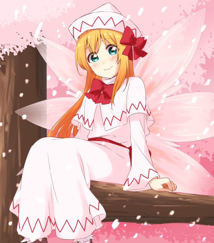 1girl absurdres arms_at_sides bangs blonde_hair blue_eyes blush bow bowtie capelet cherry_blossoms closed_mouth dress eyebrows_visible_through_hair fairy_wings hair_bow hat highres in_tree ksk_(semicha_keisuke) light_particles lily_white long_hair long_sleeves looking_at_viewer outdoors pink_dress pink_hat red_bow red_bowtie shiny shiny_hair sitting sketch smile solo straight_hair tareme touhou transparent_wings tree tree_branch very_long_hair wings