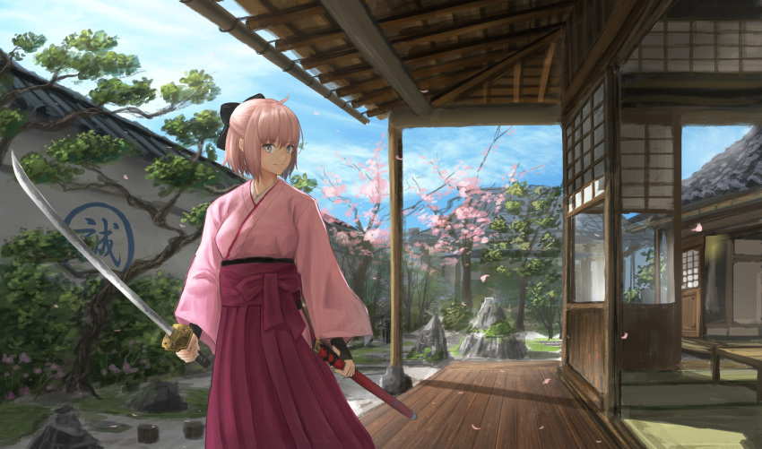1girl ahoge architecture bangs black_bow blonde_hair bow cherry_blossoms closed_mouth commentary_request day east_asian_architecture fate_(series) garden grey_eyes hair_bow hakama high-waist_skirt highres holding holding_sword holding_weapon japanese_clothes k_ryo katana kimono koha-ace pink_kimono pleated_skirt purple_skirt revision sakura_saber scabbard sheath skirt sky solo sword tree wall weapon