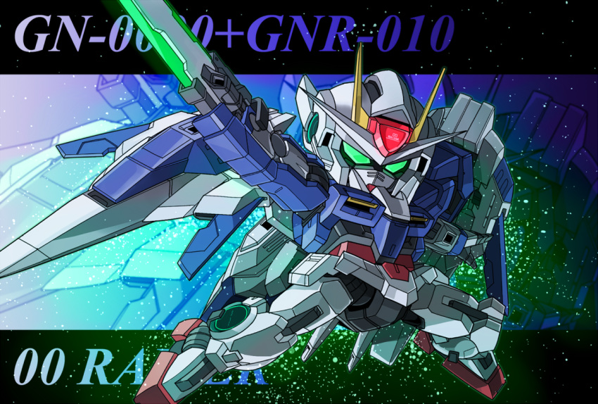 00_raiser character_name glowing glowing_eyes green_eyes gundam gundam_00 mecha memento_vivi no_humans sword weapon zoom_layer