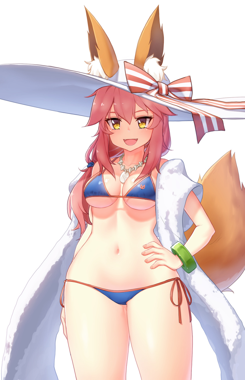 1girl :d animal_ears arm_at_side bad_id bad_pixiv_id bangs bare_shoulders bikini blue_bikini blush bow bracelet breasts cleavage collarbone cowboy_shot ears_through_headwear fangs fate/extra fate_(series) fox_ears fox_tail hair_tie hand_on_hip hat hat_bow highres jewelry long_hair looking_afar low-tied_long_hair medium_breasts narynn navel necklace open_mouth pendant side-tie_bikini simple_background smile solo standing stomach string_bikini striped striped_bow sun_hat swimsuit tail tamamo_(fate)_(all) tamamo_no_mae_(swimsuit_lancer)_(fate) towel tsurime white_background white_hat