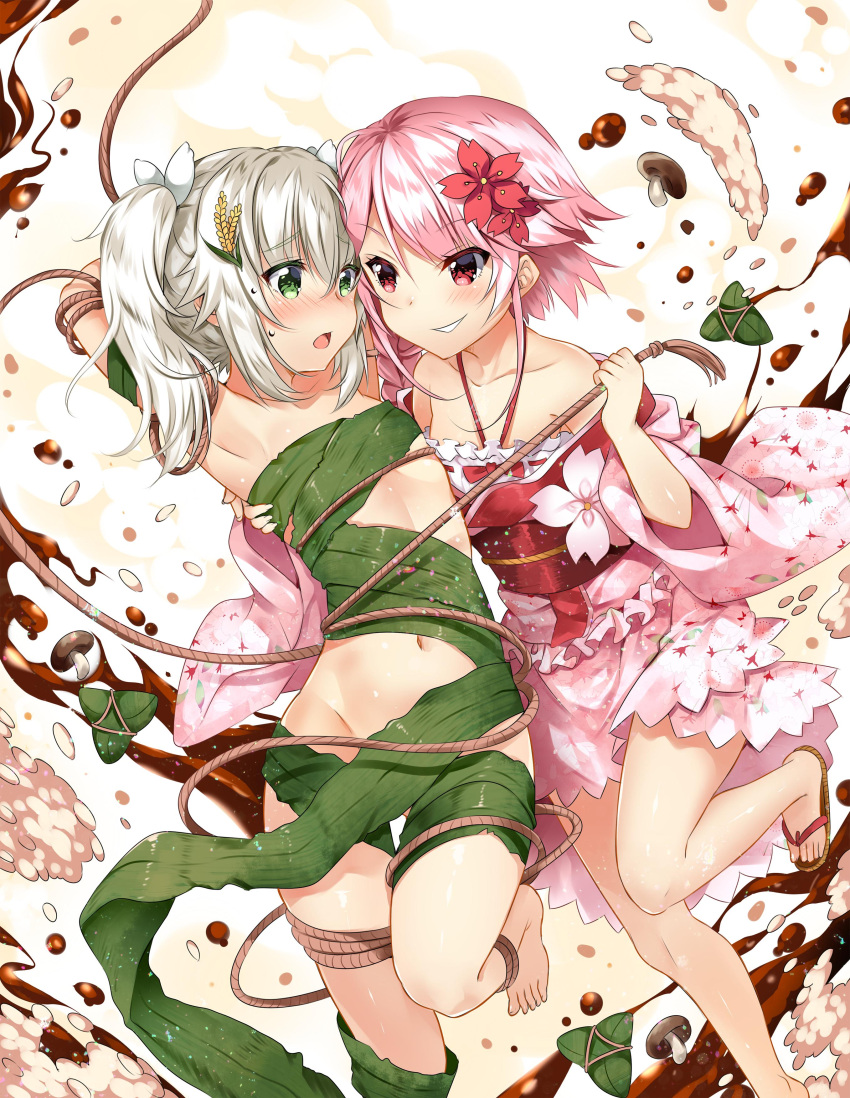 2girls absurdres arms_behind_head bare_shoulders bdsm blush bondage bound character_request duji_amo flower green_eyes hair_flower hair_ornament highres japanese_clothes kimono multiple_girls nude pink_hair red_eyes sergestid_shrimp_in_tungkang silver_hair smile xuan_ying