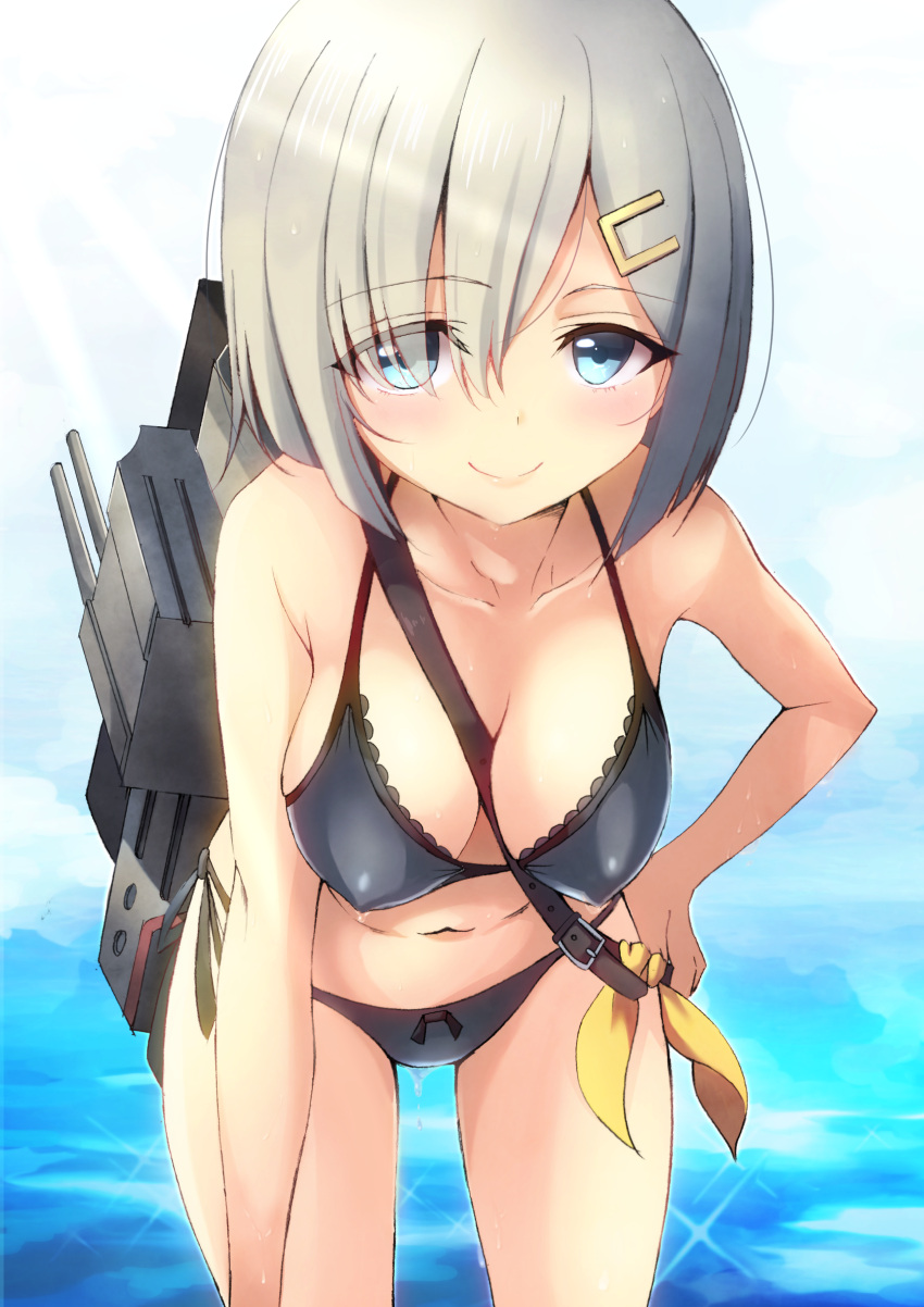 1girl absurdres bent_over between_breasts blue_eyes blush breasts cleavage erect_nipples eyes_visible_through_hair hair_ornament hair_over_one_eye hairclip hamakaze_(kantai_collection) highres kantai_collection karaage_bou leaning_forward looking_at_viewer machinery medium_breasts navel short_hair silver_hair smile solo standing strap swimsuit